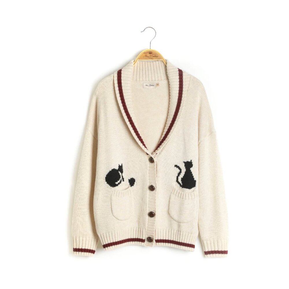 Miss Patina Charming Cat Design Cream Cardigan Sweater NWT